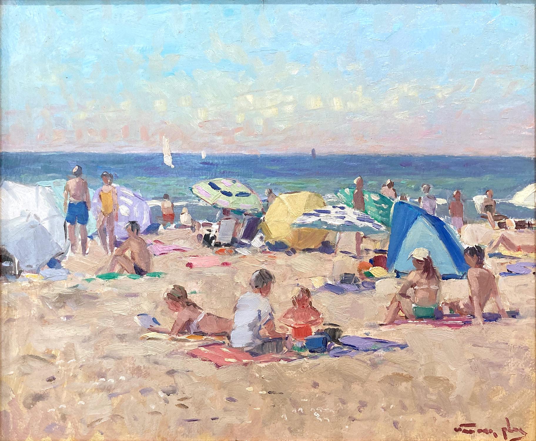 „Sommertag am Strand“ Ölgemälde-Szene mit Figuren, Schirmen und Booten – Painting von Niek van der Plas