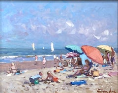 "Tag am Strand" Impressionistisches Ölgemälde mit Figuren, Schirmen und Booten