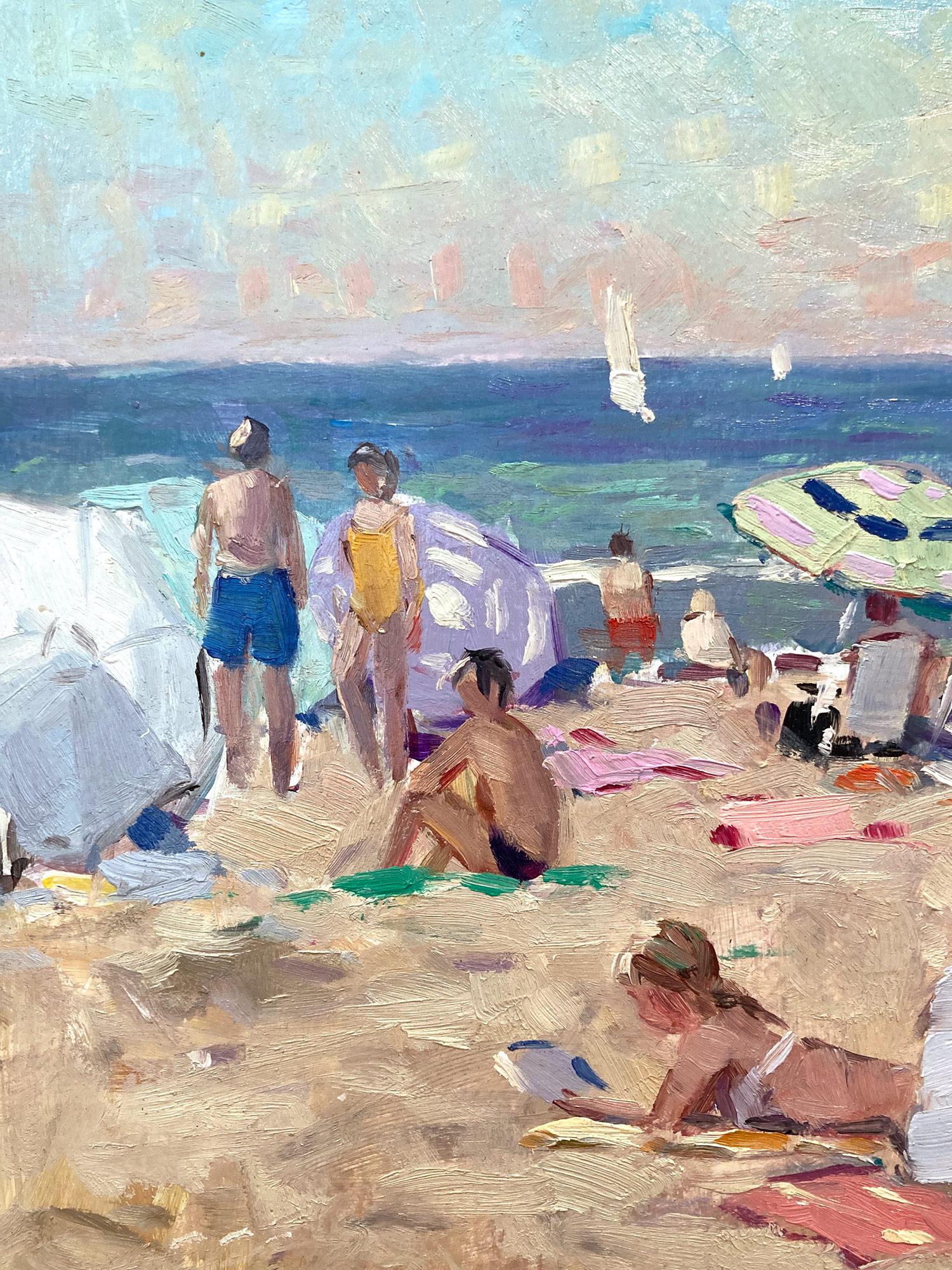 „Sommertag am Strand“ Ölgemälde-Szene mit Figuren, Schirmen und Booten (Post-Impressionismus), Painting, von Niek van der Plas