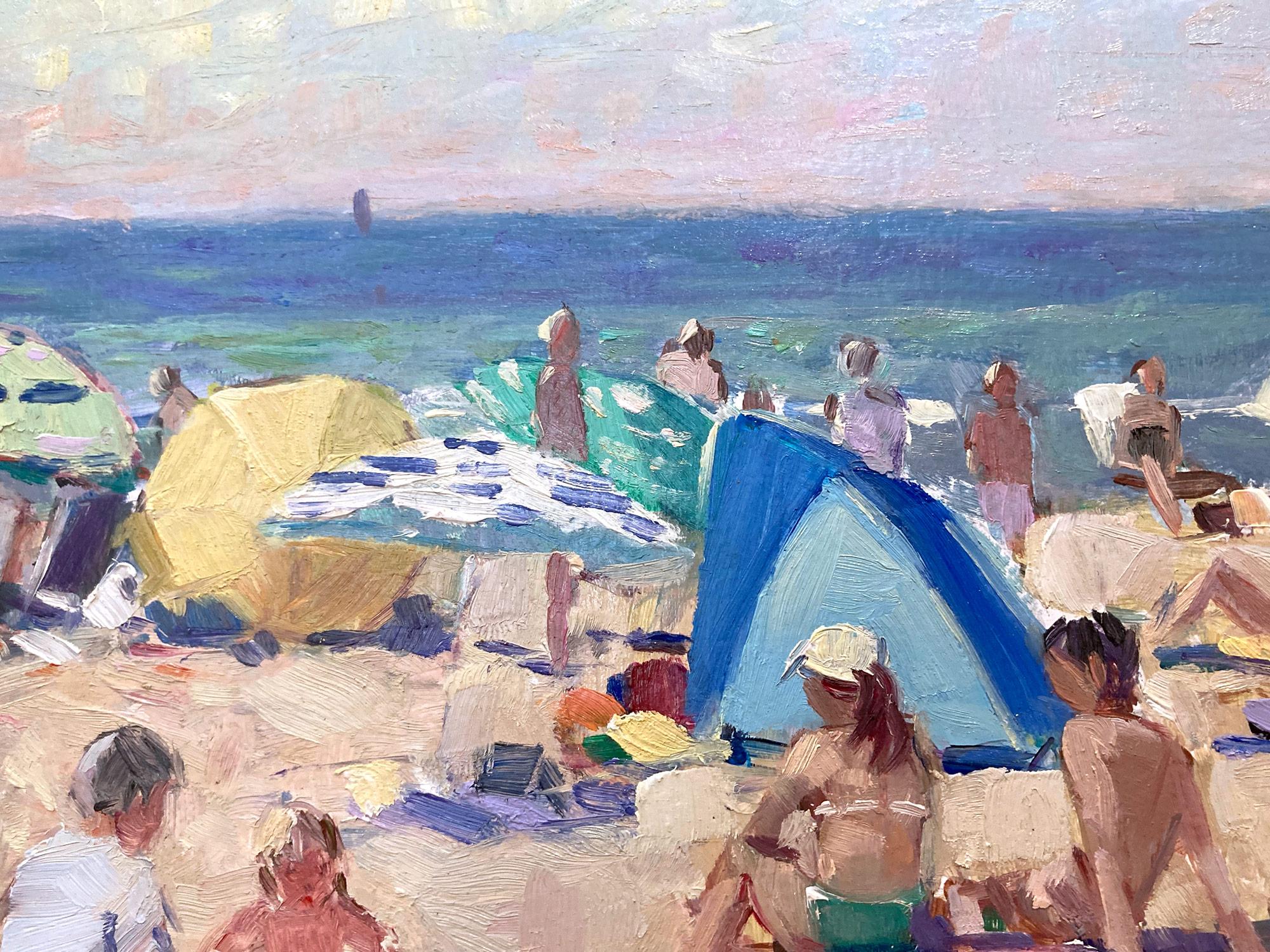 „Sommertag am Strand“ Ölgemälde-Szene mit Figuren, Schirmen und Booten im Angebot 1