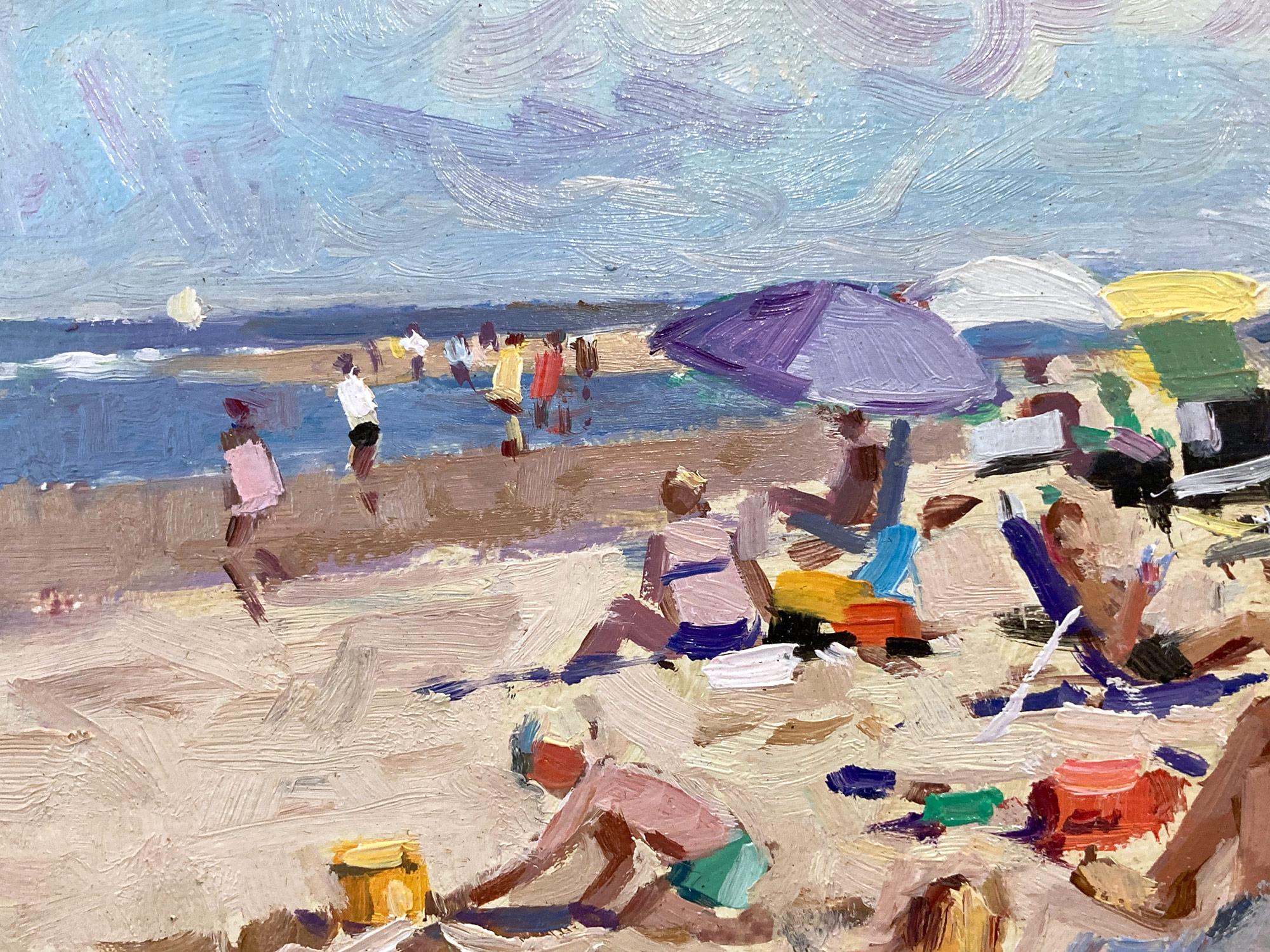 This captivating beach scene from the 21st Century is a wonderful display of Van der Plas's true passion for outdoor genre paintings. A wonderfully rich beach scene depicting figures in the sand with Sailboats in the distance. The impressionist