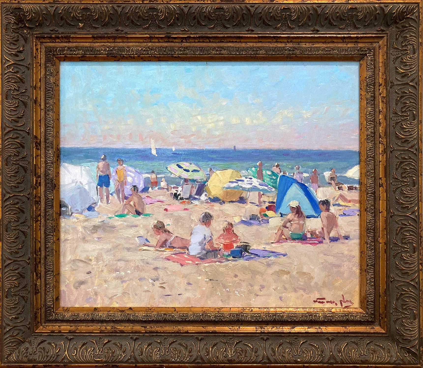 "Summer Day at the Beach" Oil Painting Scene with Figures, Umbrellas & Boats