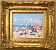 "Tag am Strand" Impressionistisches Ölgemälde mit Figuren, Schirmen und Booten