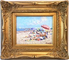 "Day at the Beach" Impressionist Oil Painting with Figures Umbrellas and Boats