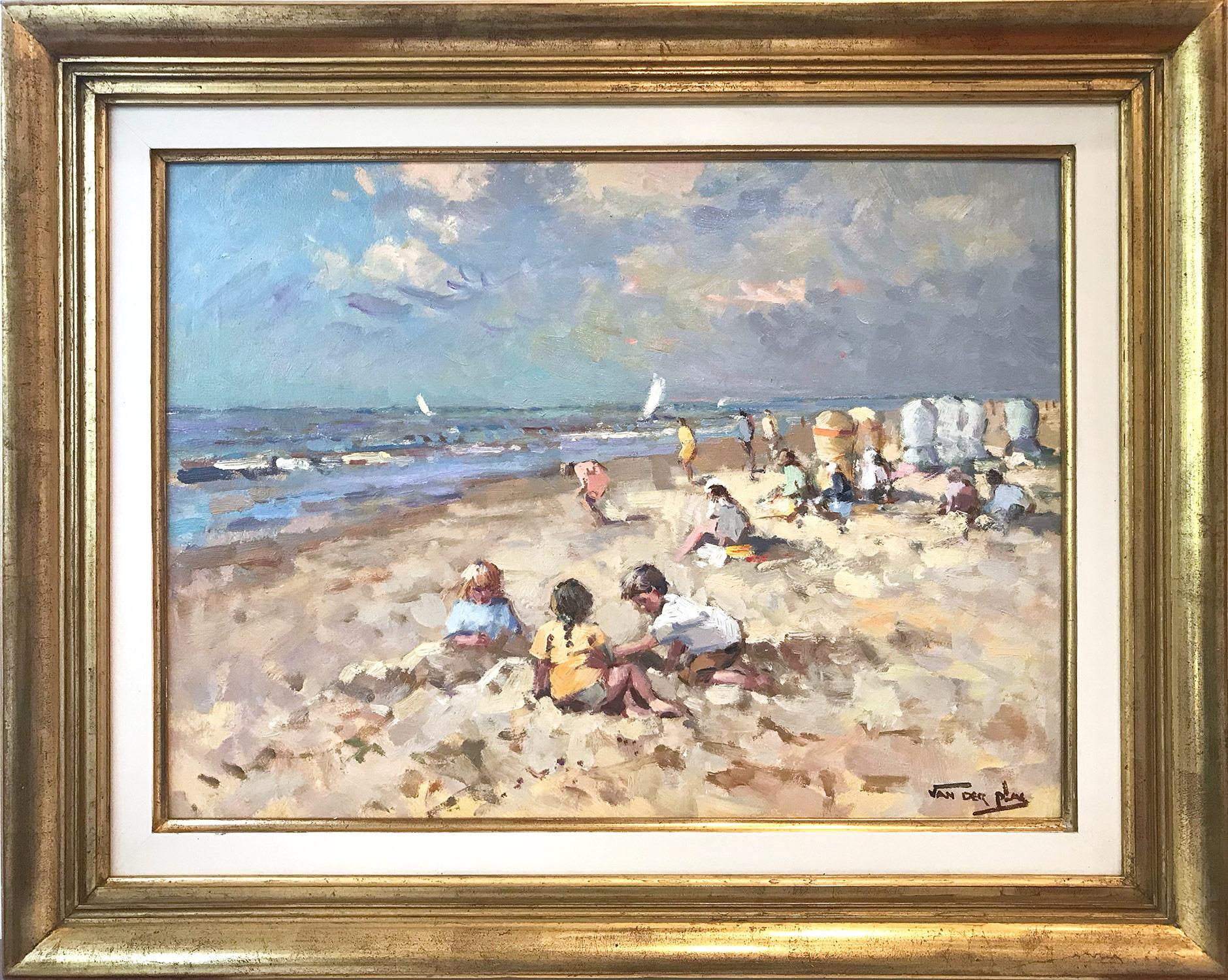 "Kids at the Beach" Impressionist Scene Oil Painting with Sail Boats and Figures