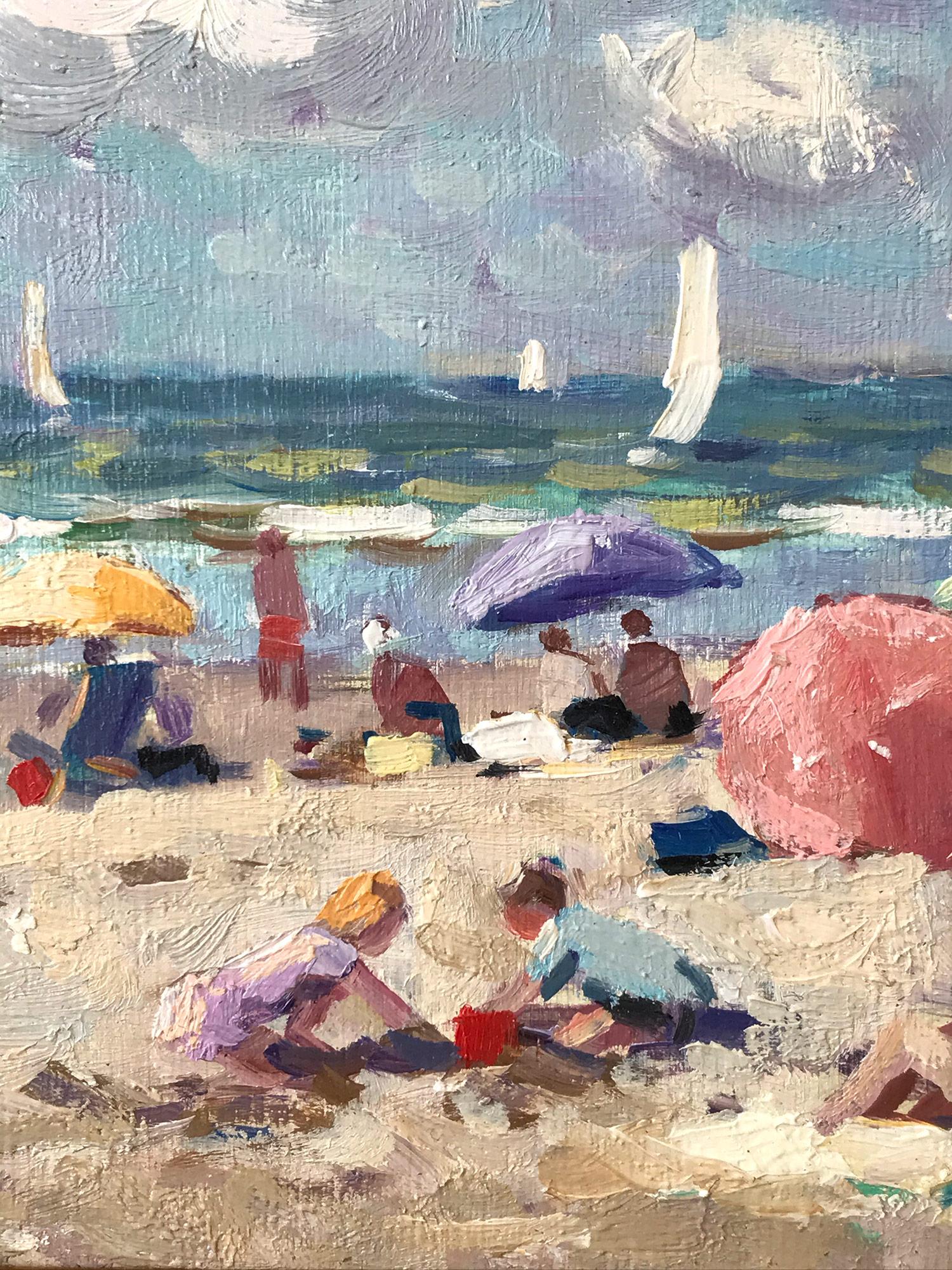 This captivating beach scene from the 21st Century is a colorful and wonderful display of Van der Plas's true passion for outdoor genre paintings. A beautifully rich beach scene depicting kids playing in the sand with Sailboats in the distance. The