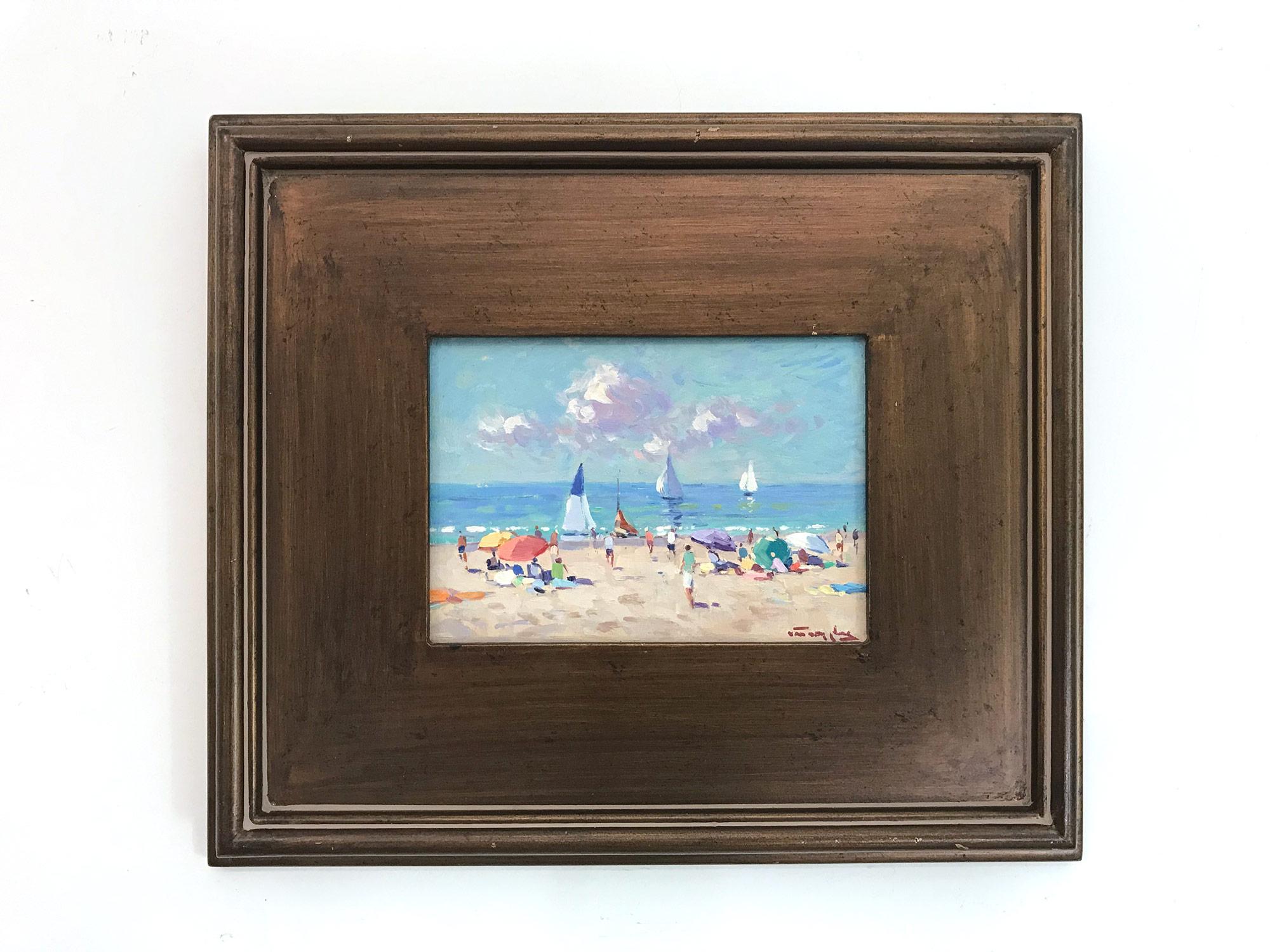 Impressionistisches Ölgemälde mit Segelbooten und Figuren, „Naples Beach“ 10