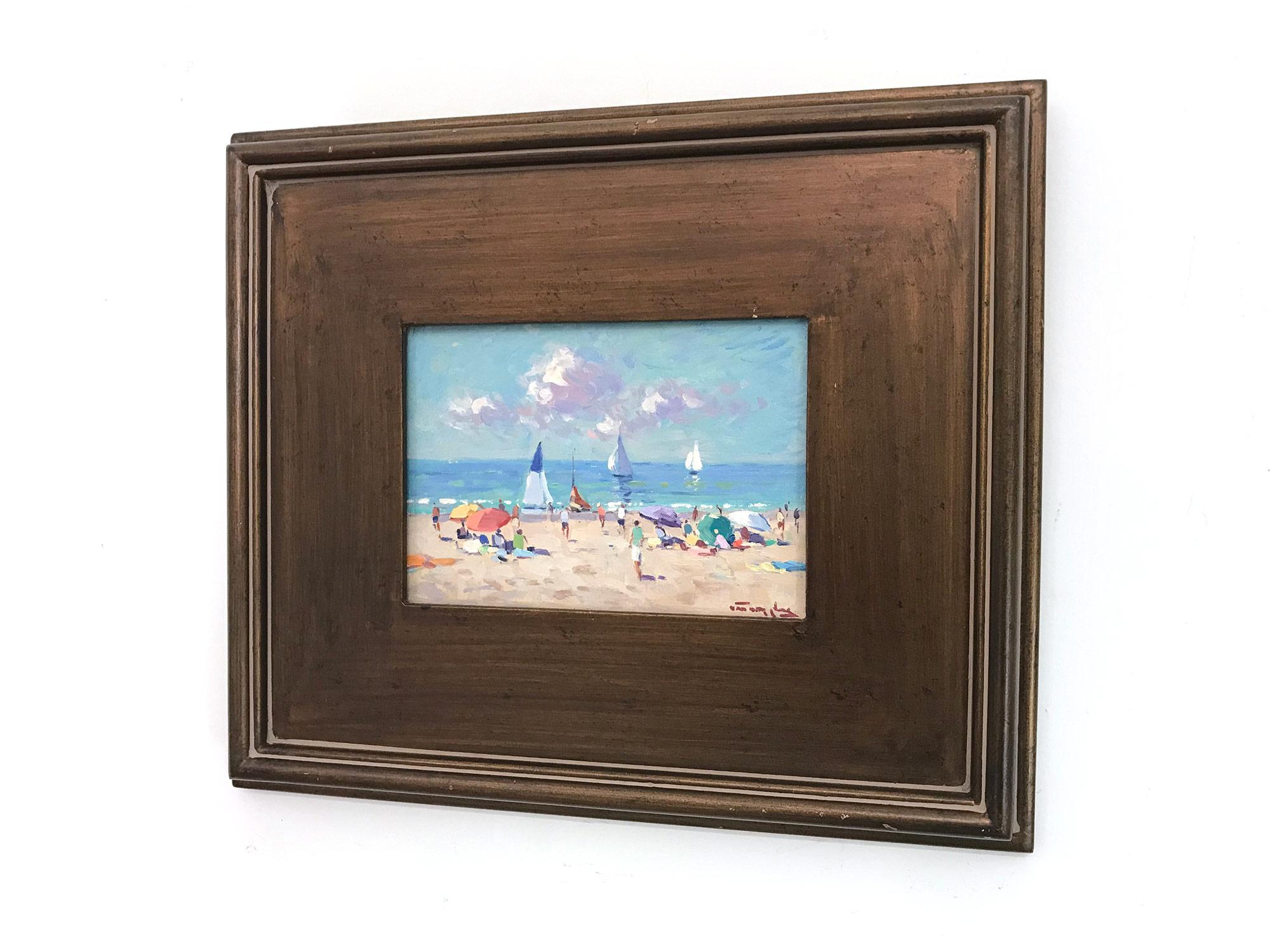 Impressionistisches Ölgemälde mit Segelbooten und Figuren, „Naples Beach“ 11