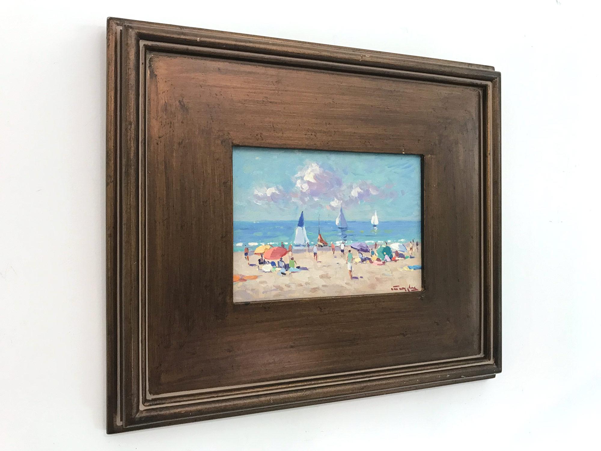 Impressionistisches Ölgemälde mit Segelbooten und Figuren, „Naples Beach“ 12