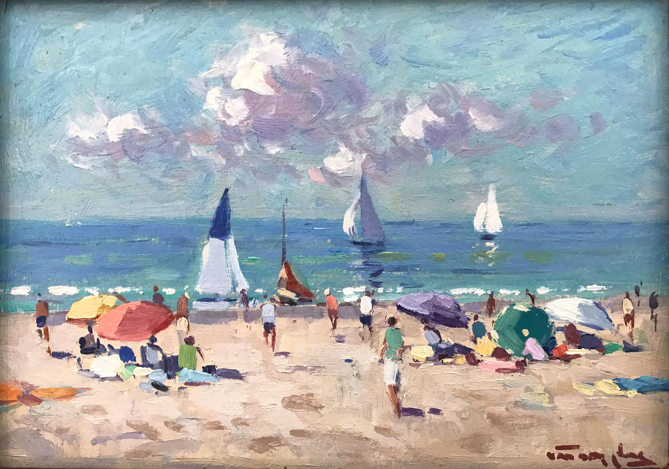 Impressionistisches Ölgemälde mit Segelbooten und Figuren, „Naples Beach“ – Painting von Niek van der Plas