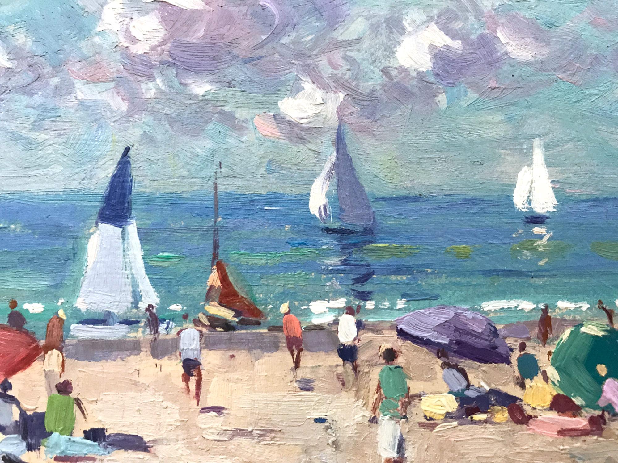 Impressionistisches Ölgemälde mit Segelbooten und Figuren, „Naples Beach“ (Impressionismus), Painting, von Niek van der Plas