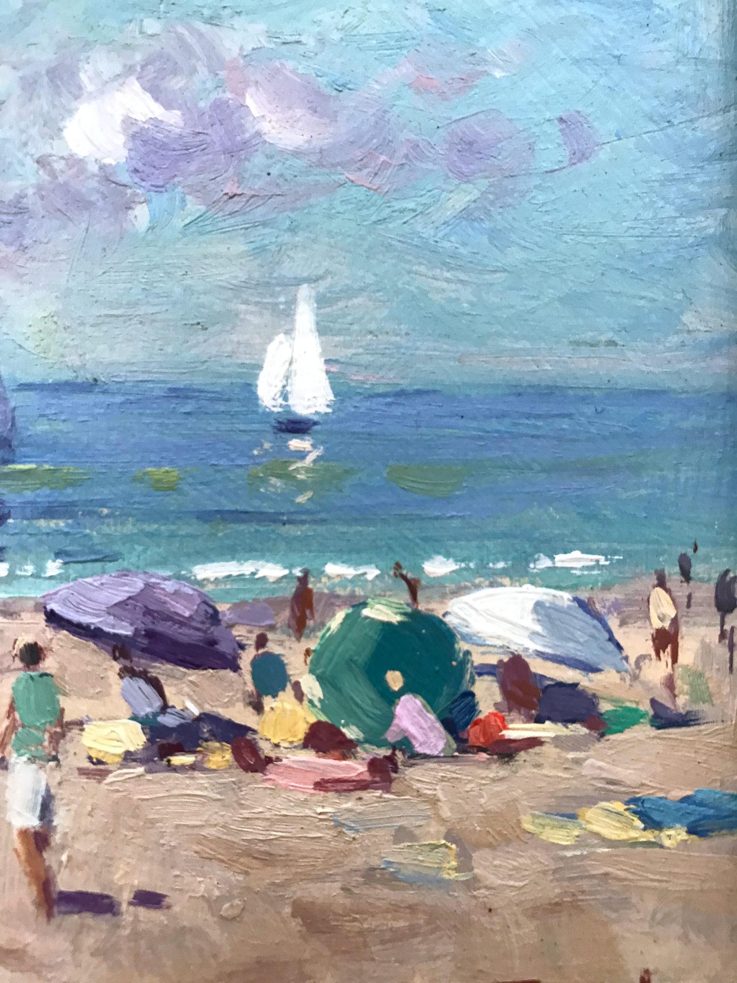 Impressionistisches Ölgemälde mit Segelbooten und Figuren, „Naples Beach“ (Braun), Landscape Painting, von Niek van der Plas