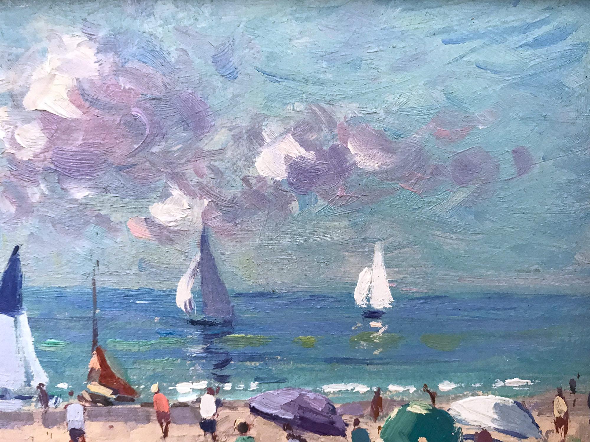 This captivating beach scene from the 20th Centruy is a wonderful display of Van der Plas's true passion for outdoor genre paintings. The vibrant colors and impressionistic brushwork is done with both whimsey and boldness. This painting depicts a