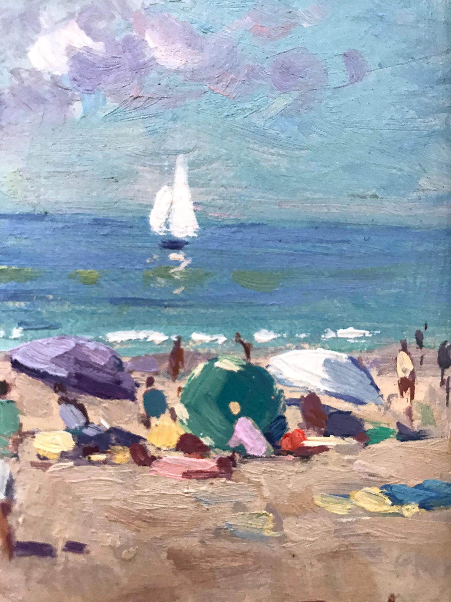 This captivating beach scene from the 20th Centruy is a wonderful display of Van der Plas's true passion for outdoor genre paintings. The vibrant colors and impressionistic brushwork is done with both whimsey and boldness. This painting depicts a