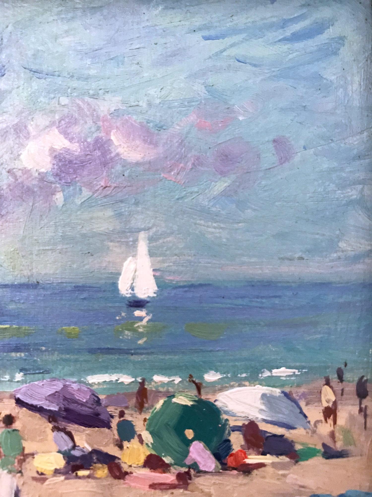 Impressionistisches Ölgemälde mit Segelbooten und Figuren, „Naples Beach“ 2