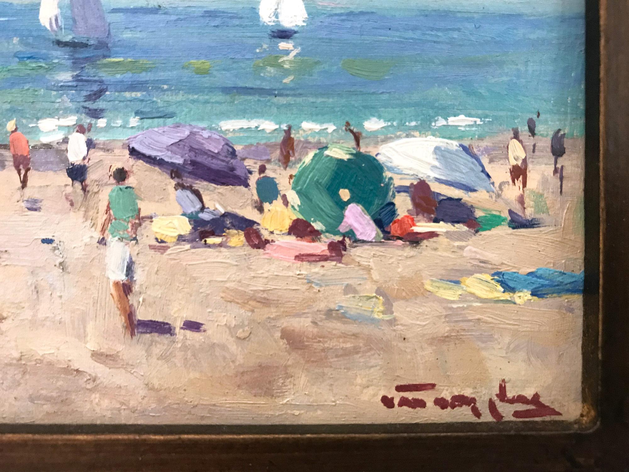 Impressionistisches Ölgemälde mit Segelbooten und Figuren, „Naples Beach“ 3
