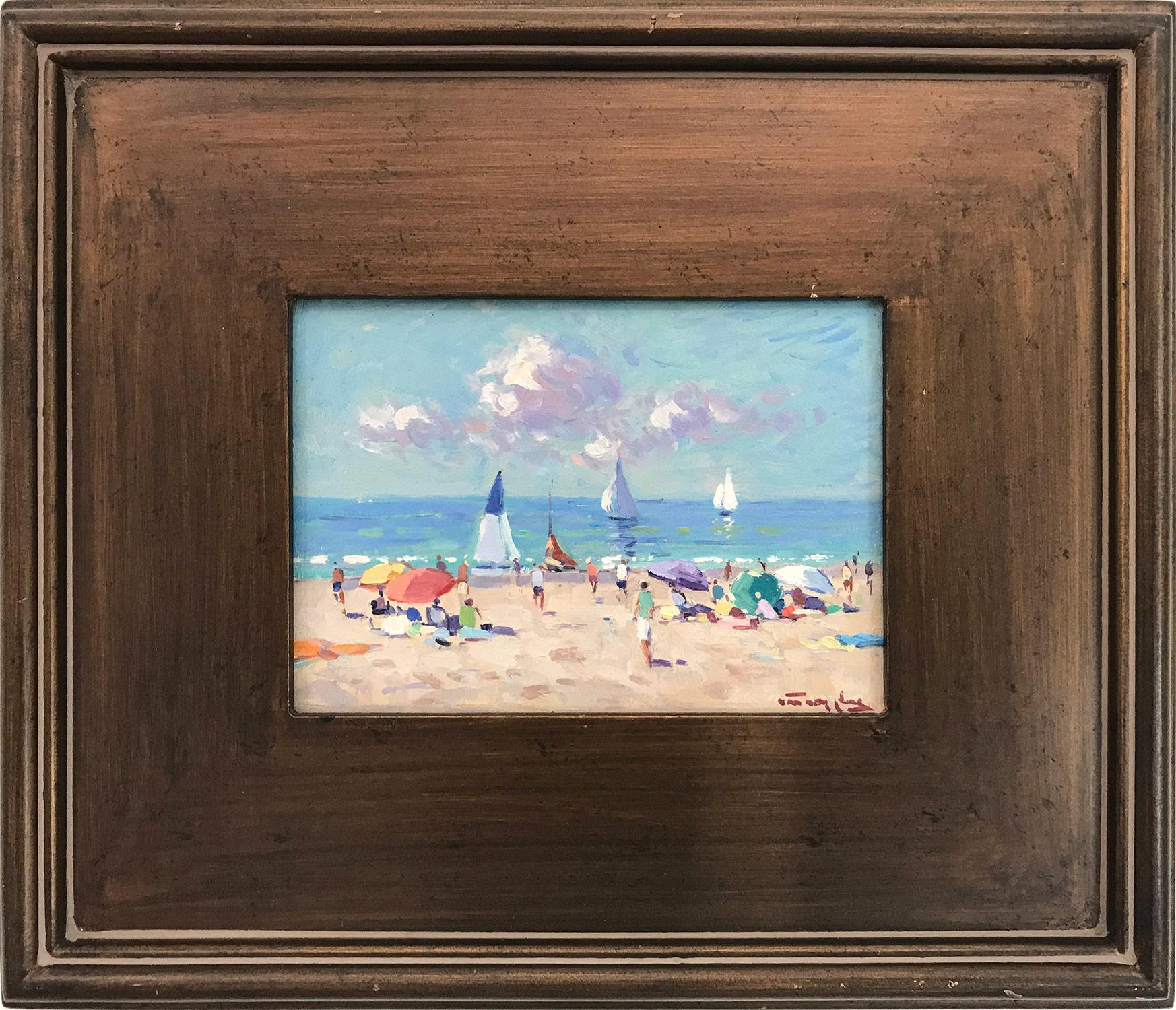 Niek van der Plas Landscape Painting – Impressionistisches Ölgemälde mit Segelbooten und Figuren, „Naples Beach“