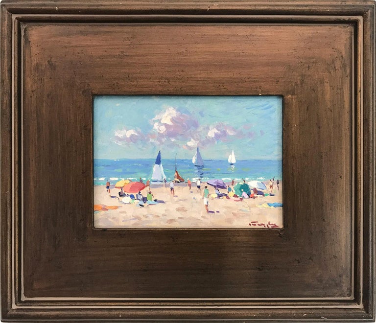 Niek van der Plas Landscape Painting - "Naples Beach" Impressionist Scene Oil Painting with Sail Boats and Figures