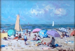 "Spielen am Strand" Impressionistisches Ölgemälde mit Figuren, Schirmen und Booten