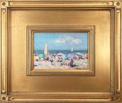"Spielen am Strand" Impressionistisches Ölgemälde mit Figuren, Schirmen und Booten