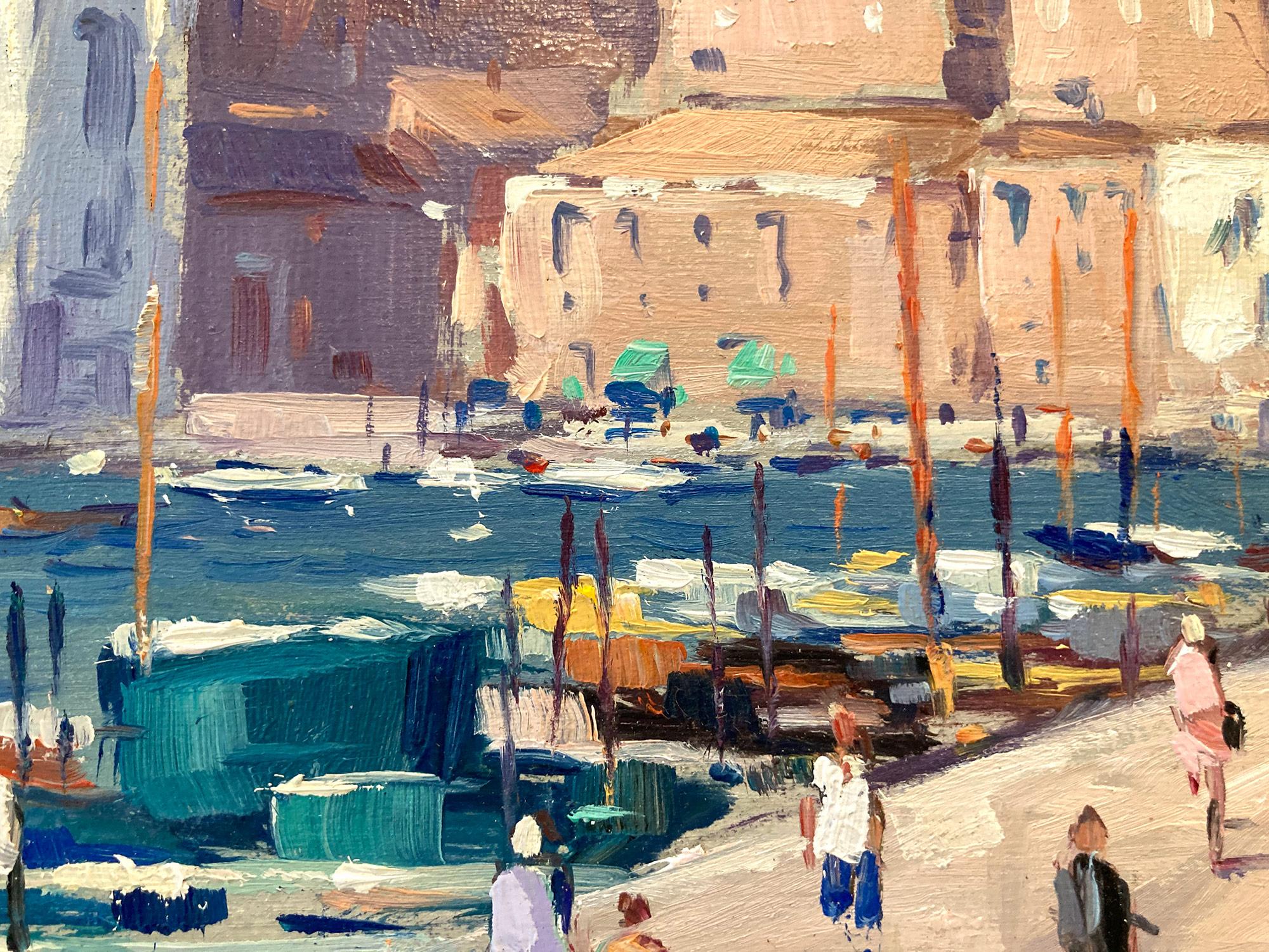 « Vue de Venise » Peinture à l'huile impressionniste avec des personnages et des bateaux le long de Venise en vente 5