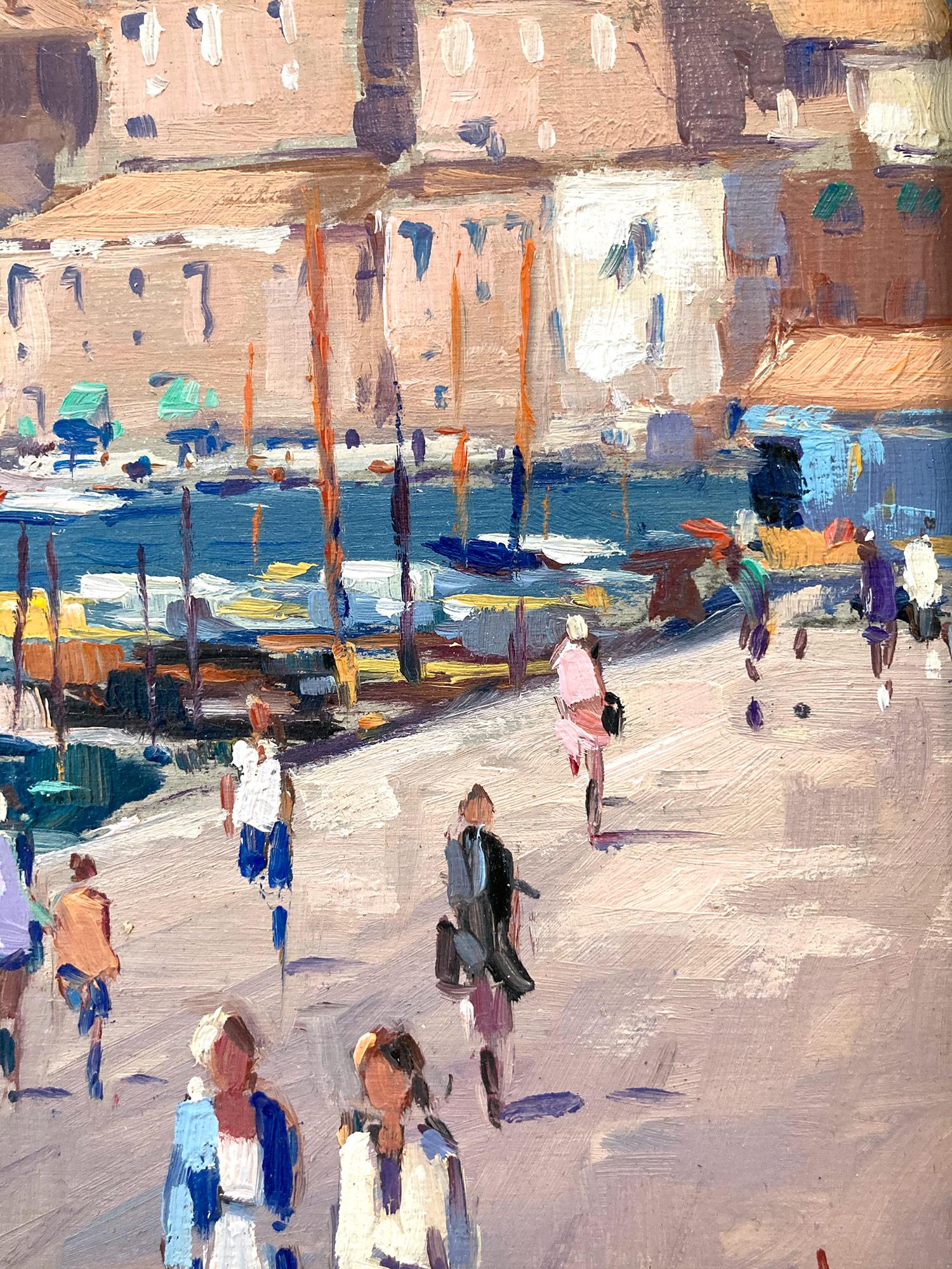 « Vue de Venise » Peinture à l'huile impressionniste avec des personnages et des bateaux le long de Venise en vente 7
