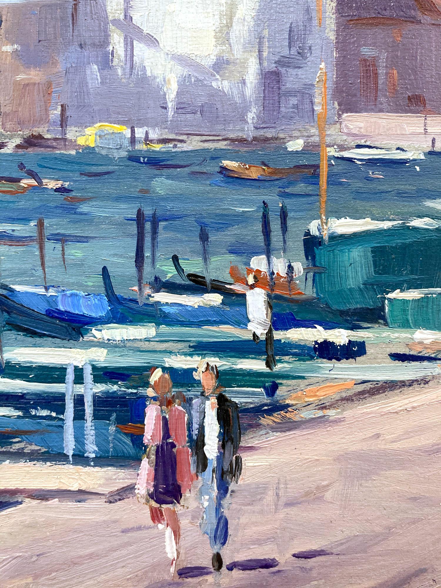 « Vue de Venise » Peinture à l'huile impressionniste avec des personnages et des bateaux le long de Venise en vente 8