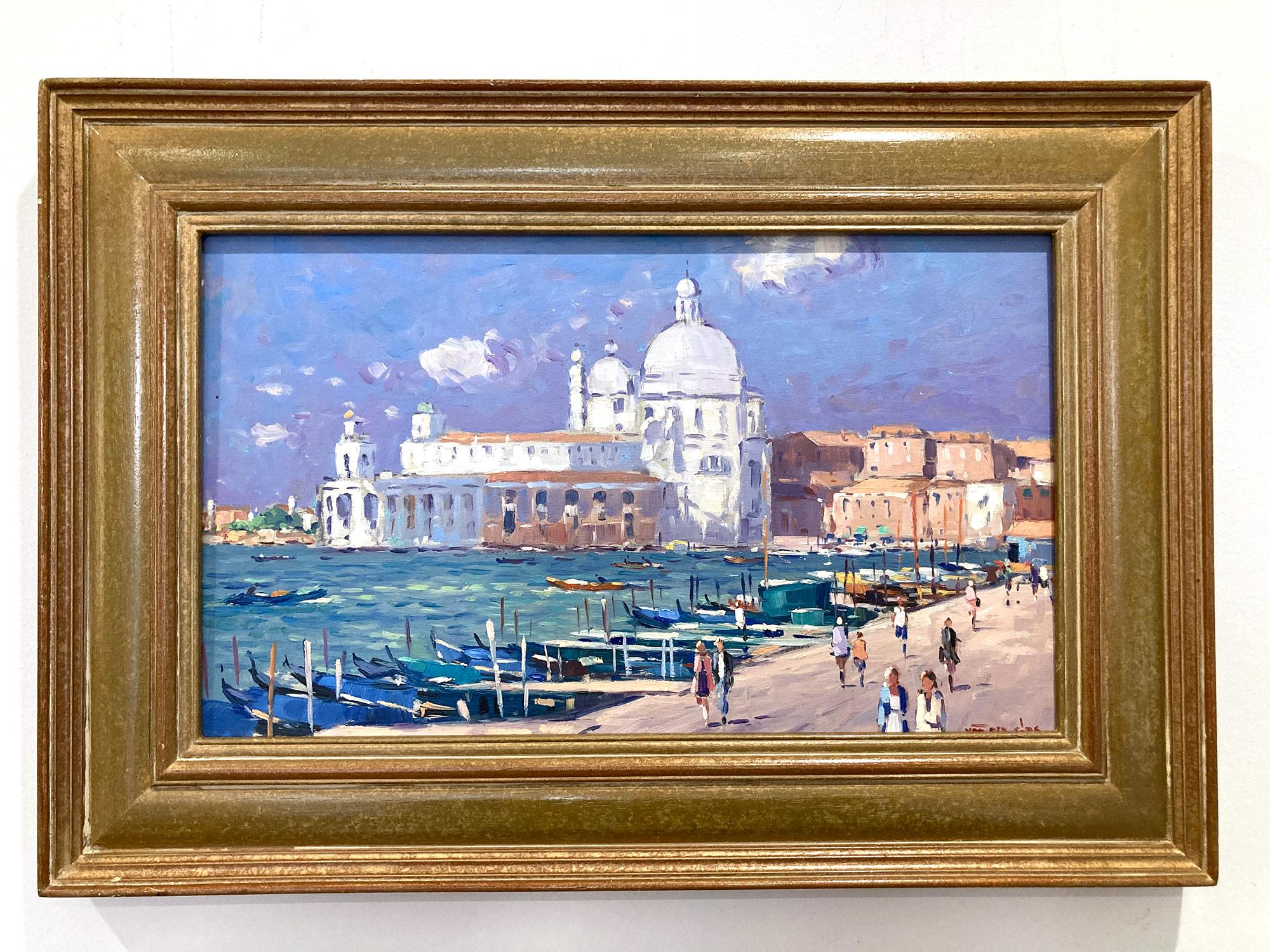 Impressionistisches Ölgemälde mit Figuren und Booten entlang Venedig, „View of Venice“ im Angebot 12