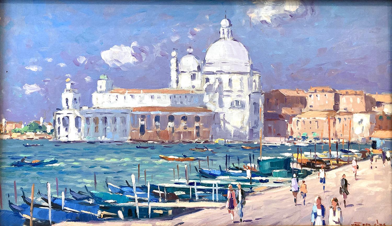 « Vue de Venise » Peinture à l'huile impressionniste avec des personnages et des bateaux le long de Venise - Painting de Niek van der Plas