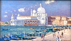 "View of Venice" Impressionist Oil Painting with Figures and Boats along Venice