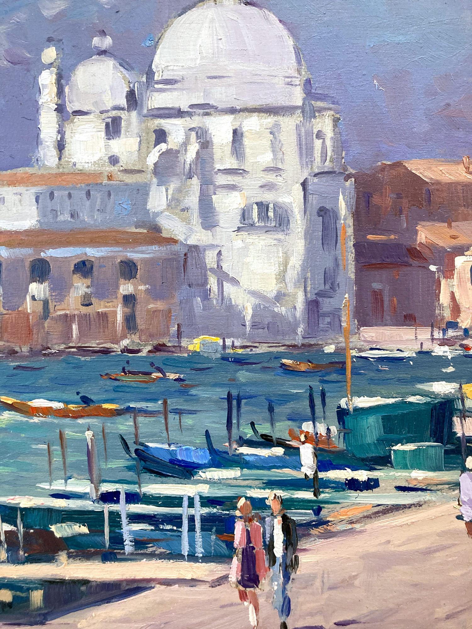 « Vue de Venise » Peinture à l'huile impressionniste avec des personnages et des bateaux le long de Venise - Impressionnisme Painting par Niek van der Plas