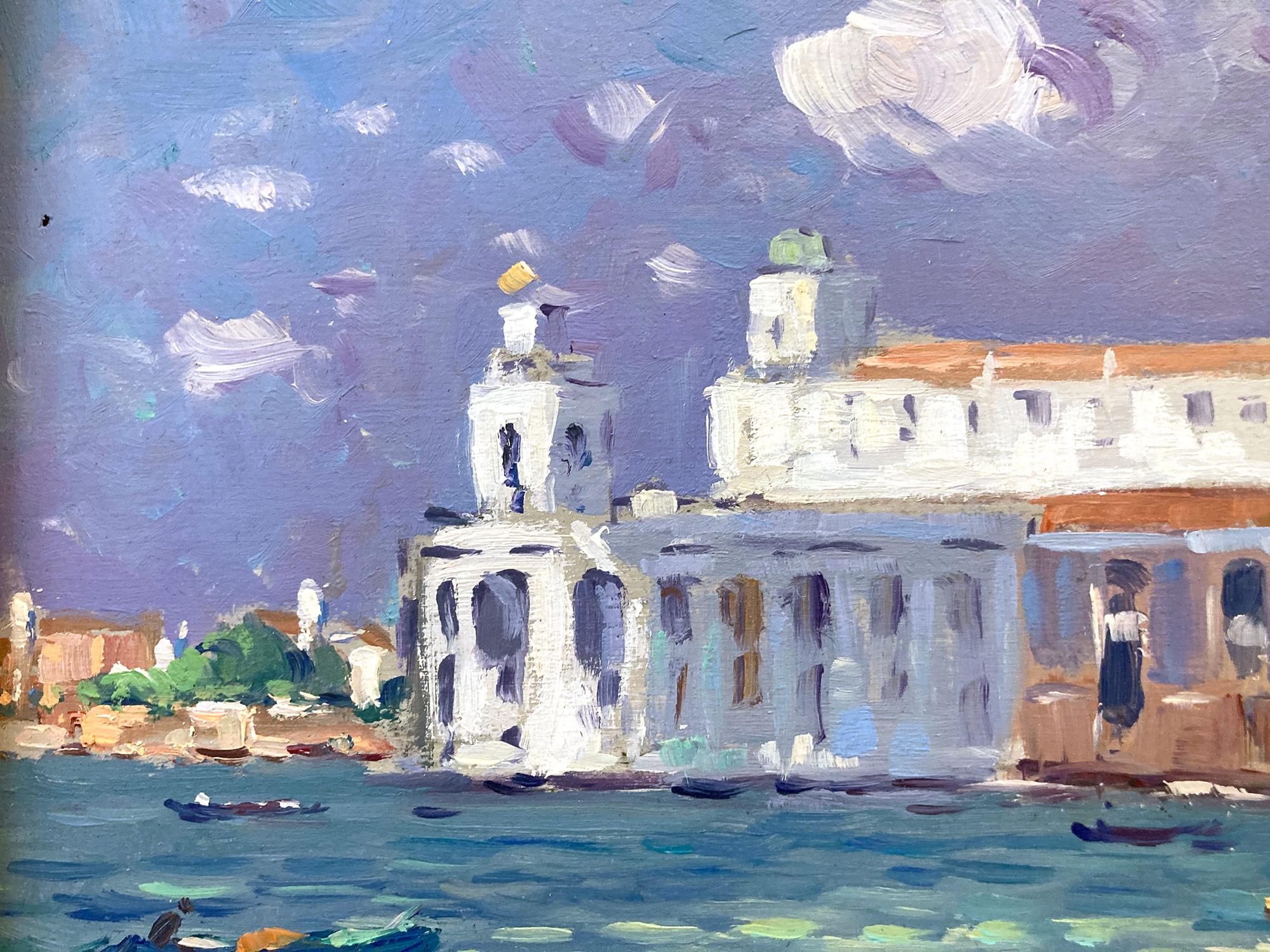 « Vue de Venise » Peinture à l'huile impressionniste avec des personnages et des bateaux le long de Venise en vente 1