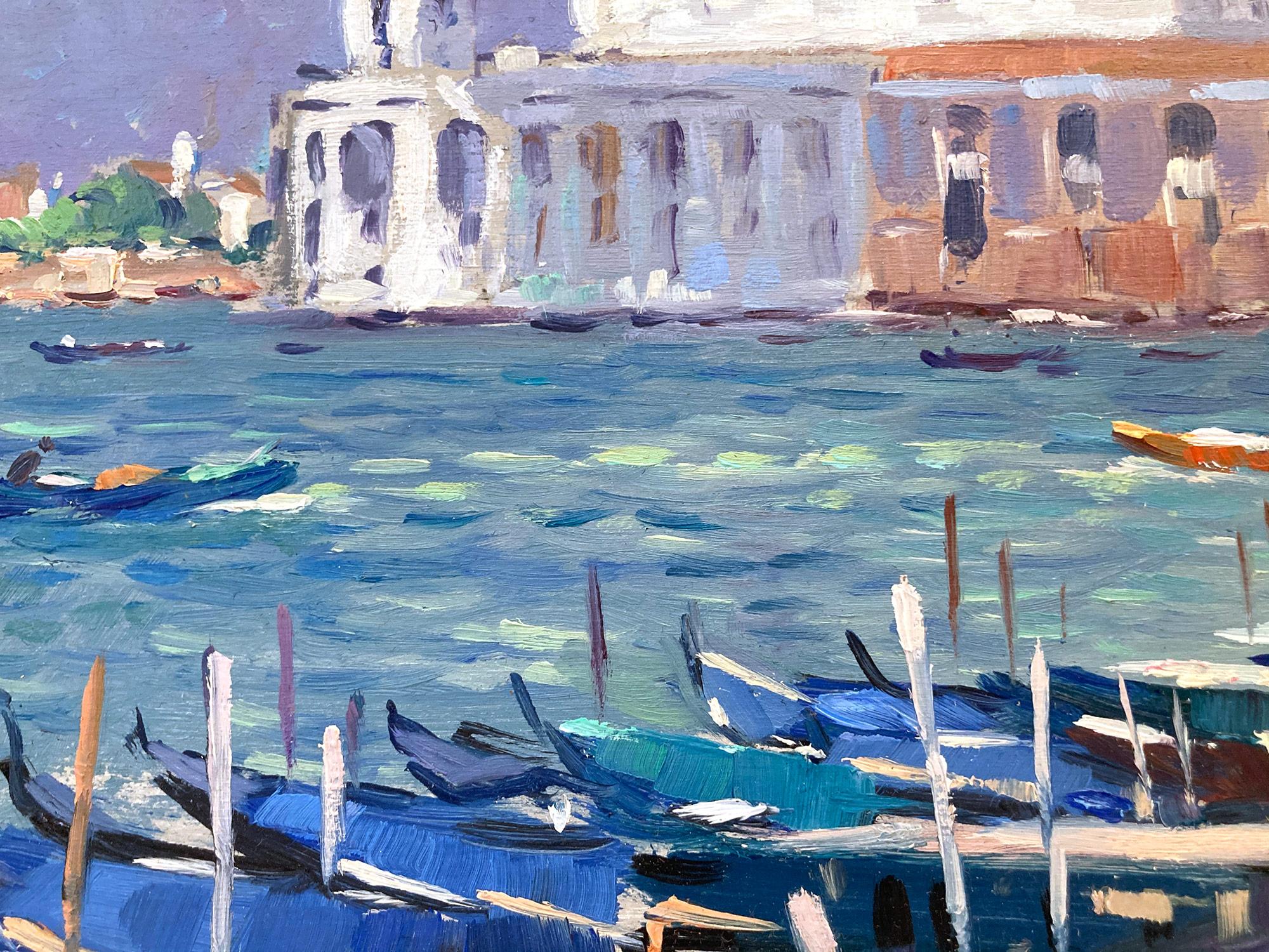 « Vue de Venise » Peinture à l'huile impressionniste avec des personnages et des bateaux le long de Venise en vente 2