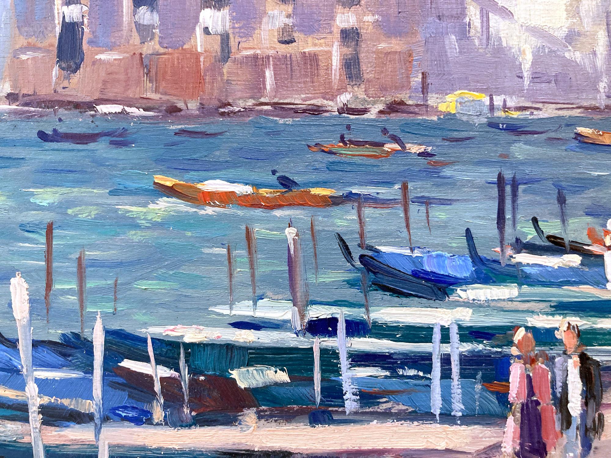 « Vue de Venise » Peinture à l'huile impressionniste avec des personnages et des bateaux le long de Venise en vente 3