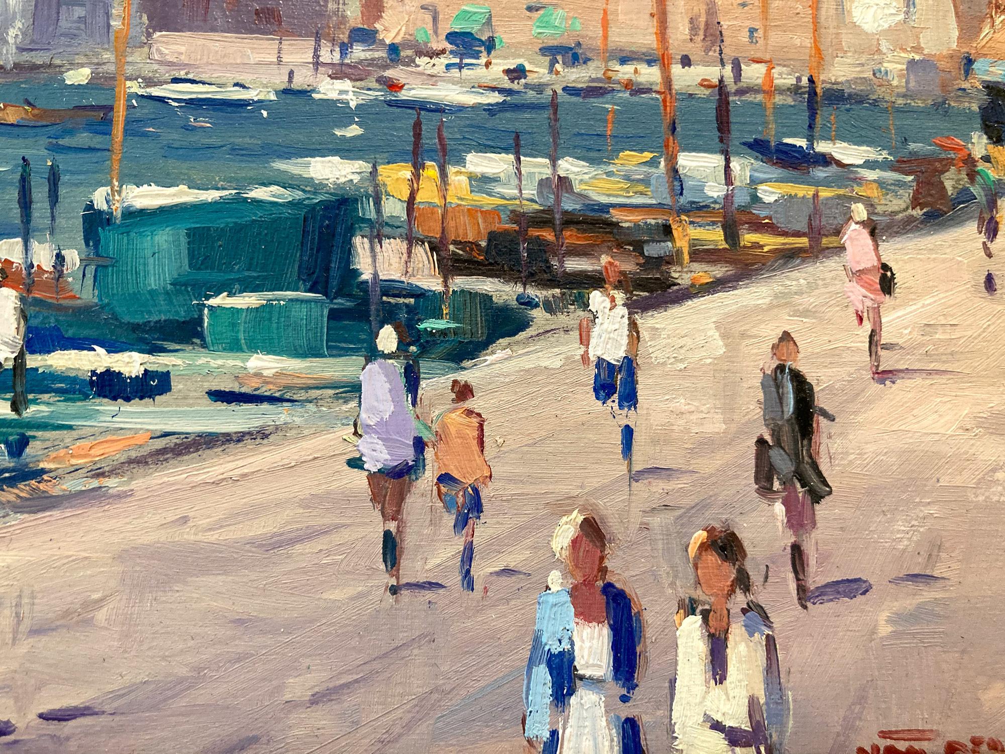 « Vue de Venise » Peinture à l'huile impressionniste avec des personnages et des bateaux le long de Venise en vente 4