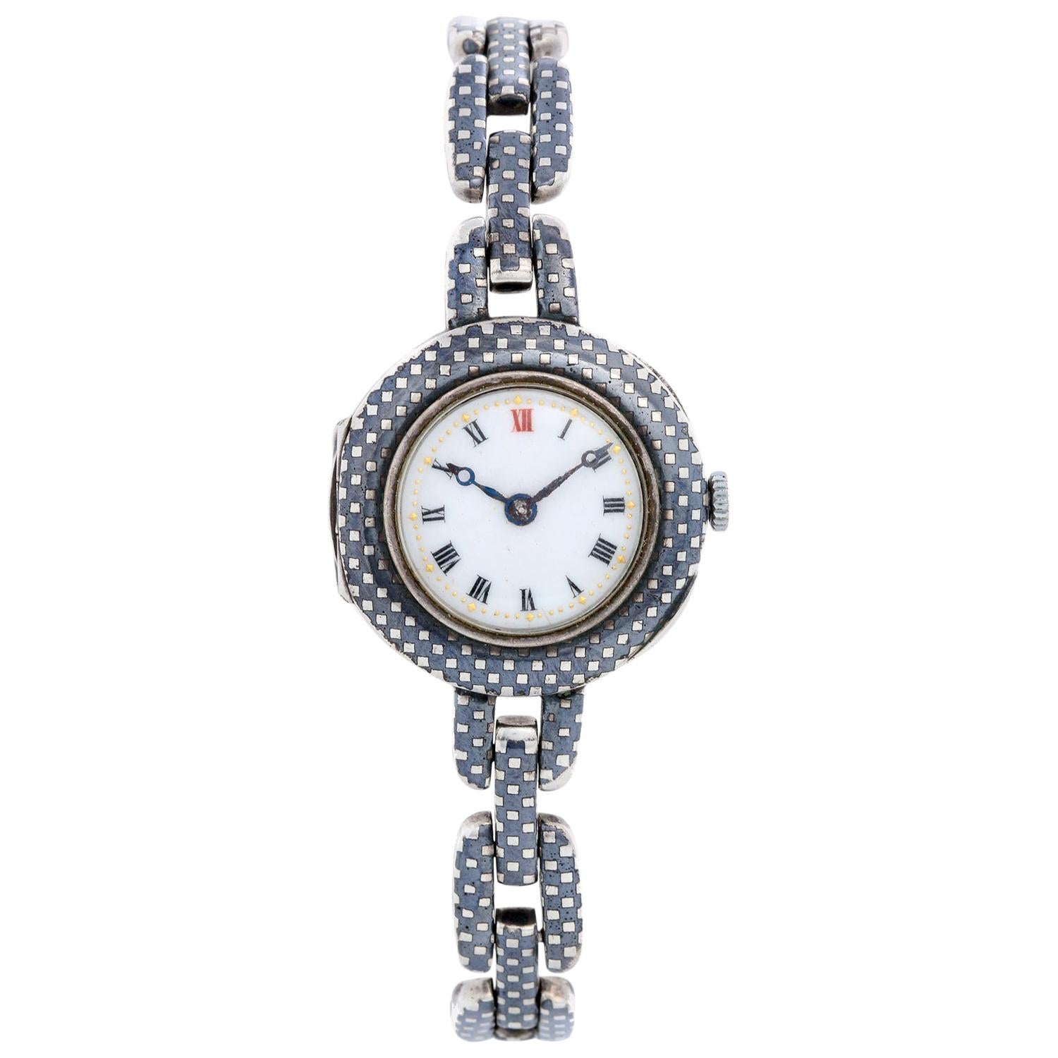 Silver Niello Ladies Manual Winding Wristwatch For Sale