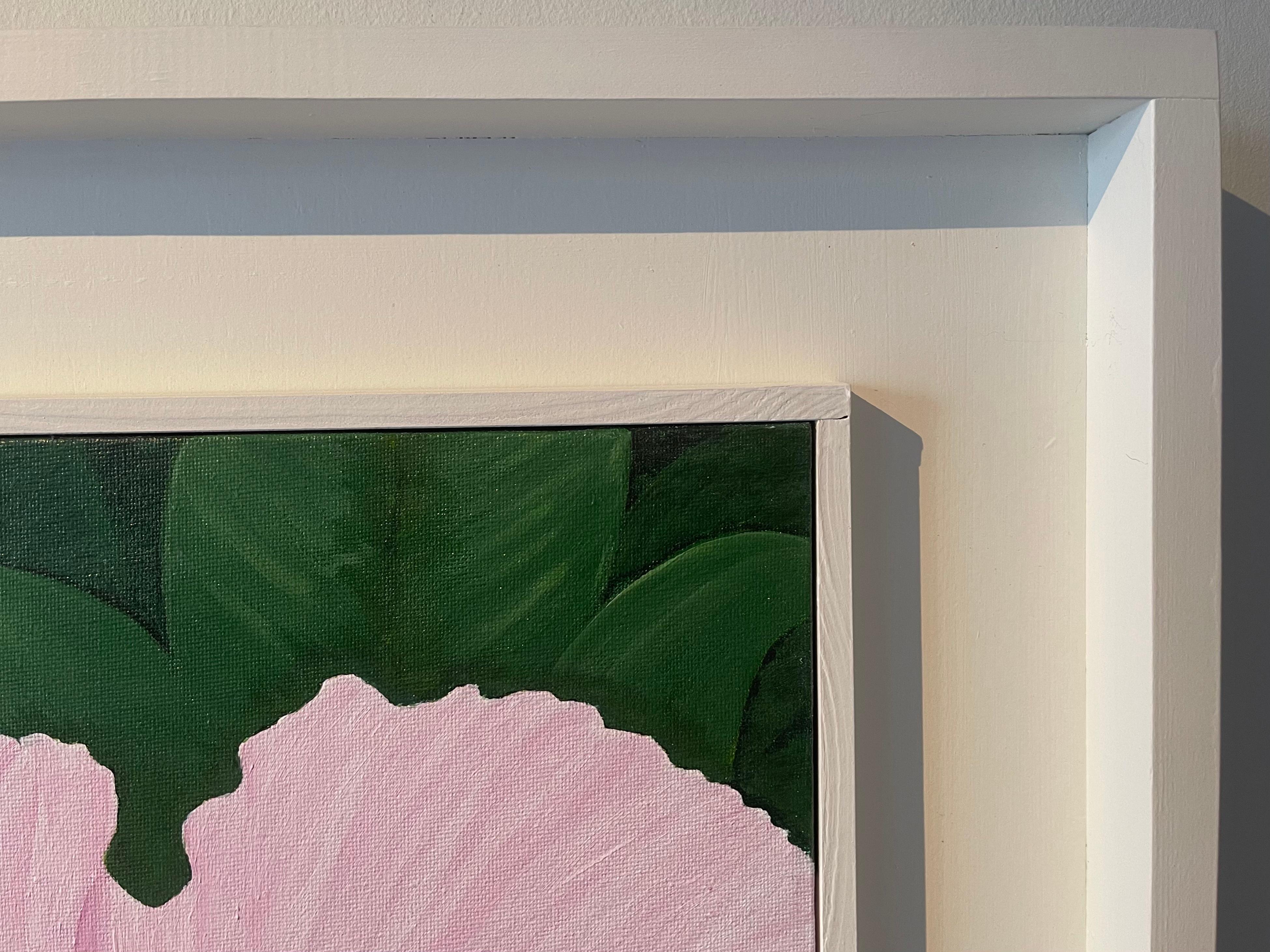 Presenting a contemporary, serene acrylic painting of a single flower exuding a joyous elegance. The up-close pink flower composition is delicately portrayed with thin and controlled brushstrokes, providing a realistic and immersive viewing