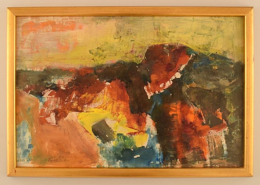 Niels Bäcklin (1913-1989), Swedish artist. Oil on board. 
Modernist landscape. 1960s / 70s.
The board measures: 35 x 23 cm.
The frame measures: 2 cm.
In excellent condition.
Signed.