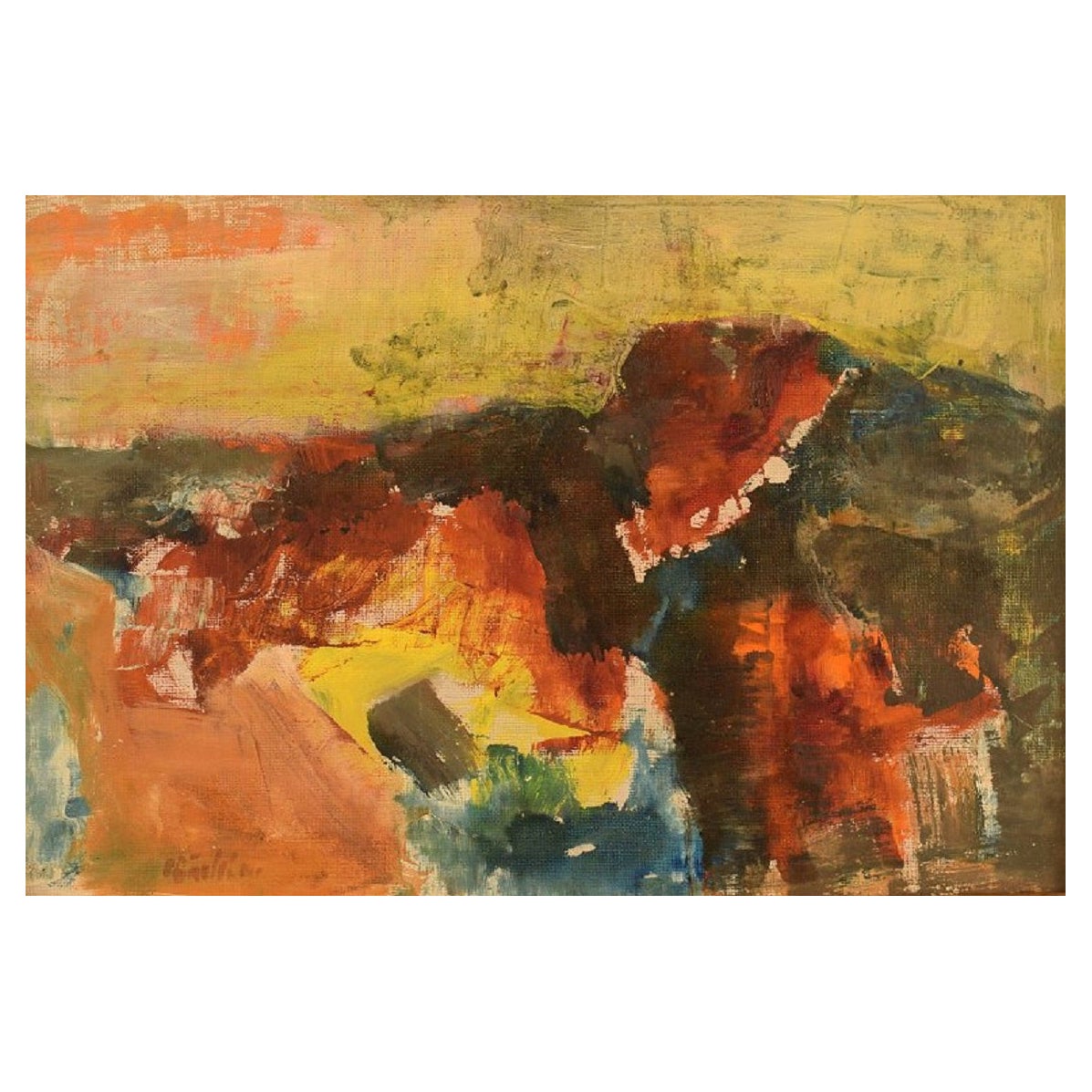 Niels Bcklin, schwedischer Künstler, Öl auf Karton, Modernistische Landschaft