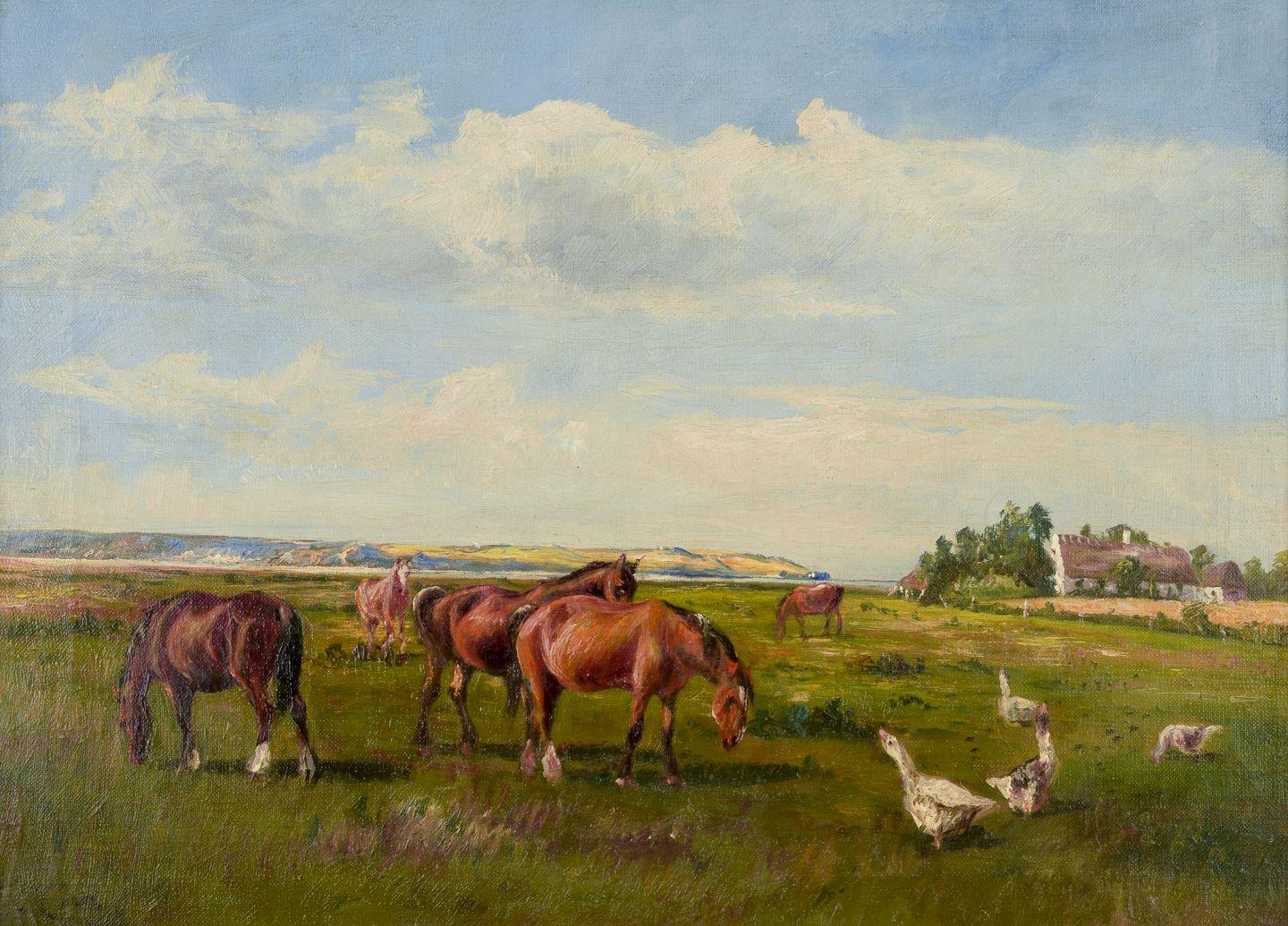 GEBRAUCHTWAREN SIND FÜR KUNDEN IN DEN USA, GROSSBRITANNIEN, AUSTRALIEN UND KANADA VON DEN EINFUHRZÖLLEN BEFREIT.   
DAHER FALLEN FÜR IHREN KAUF KEINE EINFUHRZÖLLE AN. 

Niels Christiansen (1873-1960), dänischer Maler.
Öl auf Leinwand.
Pferde und