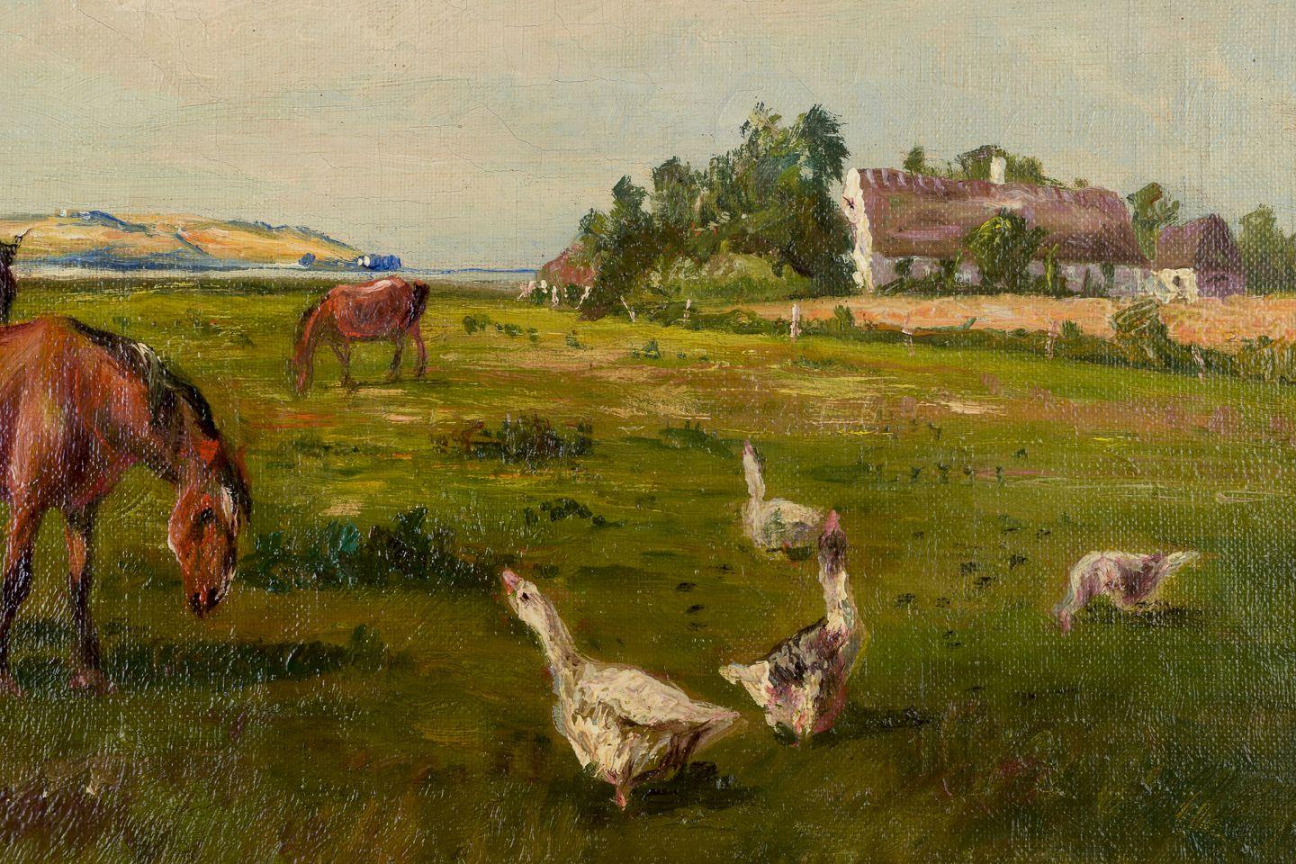 Niels Christiansen. Öl auf Leinwand. Landschaft mit Pferden und Gänsen im Zustand „Gut“ im Angebot in København, Copenhagen