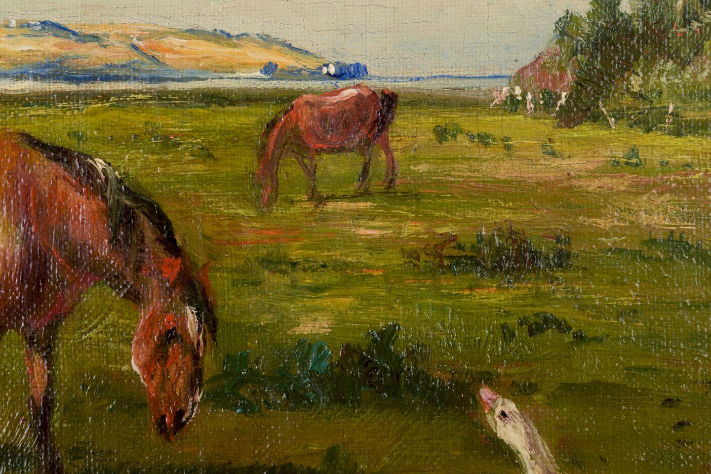 Niels Christiansen. Öl auf Leinwand. Landschaft mit Pferden und Gänsen im Angebot 1