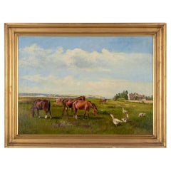 Niels Christiansen. Oil on canvas. Landscape with horses and geese