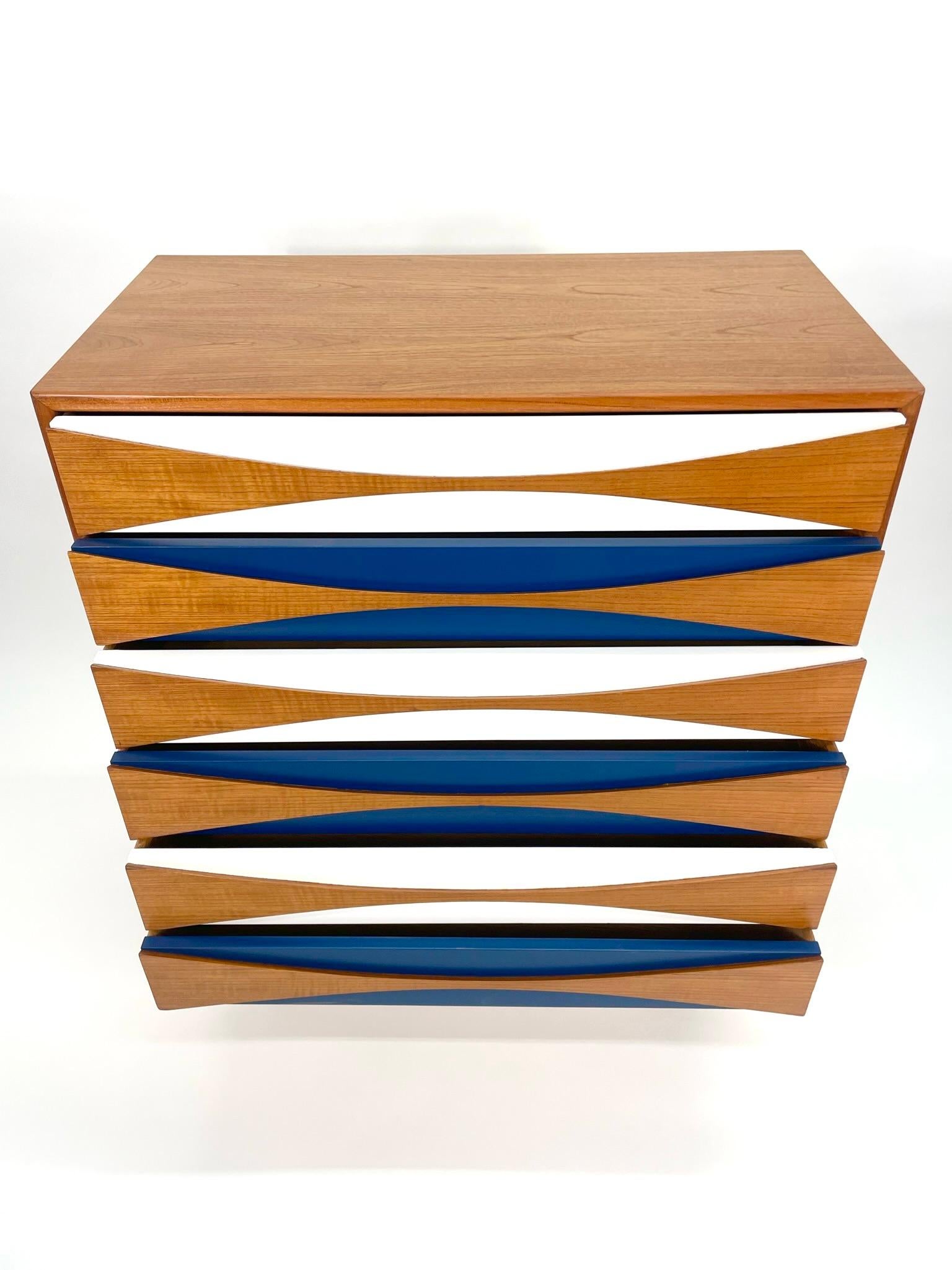 Mid-Century Modern Niels Clausen Teak and Oak Tallboy Dresser with Blue and White