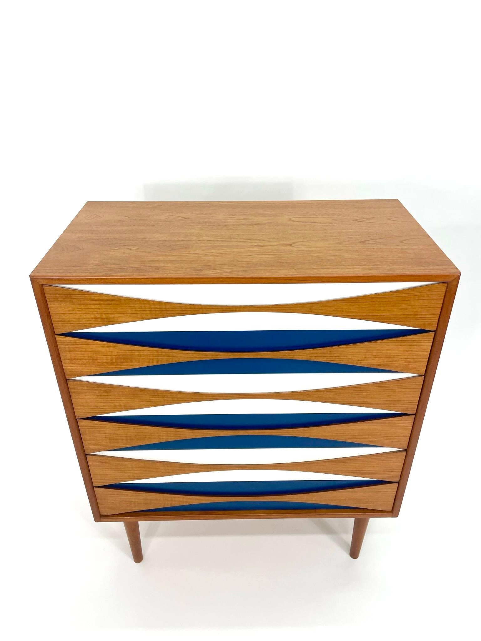 Niels Clausen Teak and Oak Tallboy Dresser with Blue and White 2
