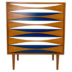 Niels Clausen Teak and Oak Tallboy Dresser with Blue and White