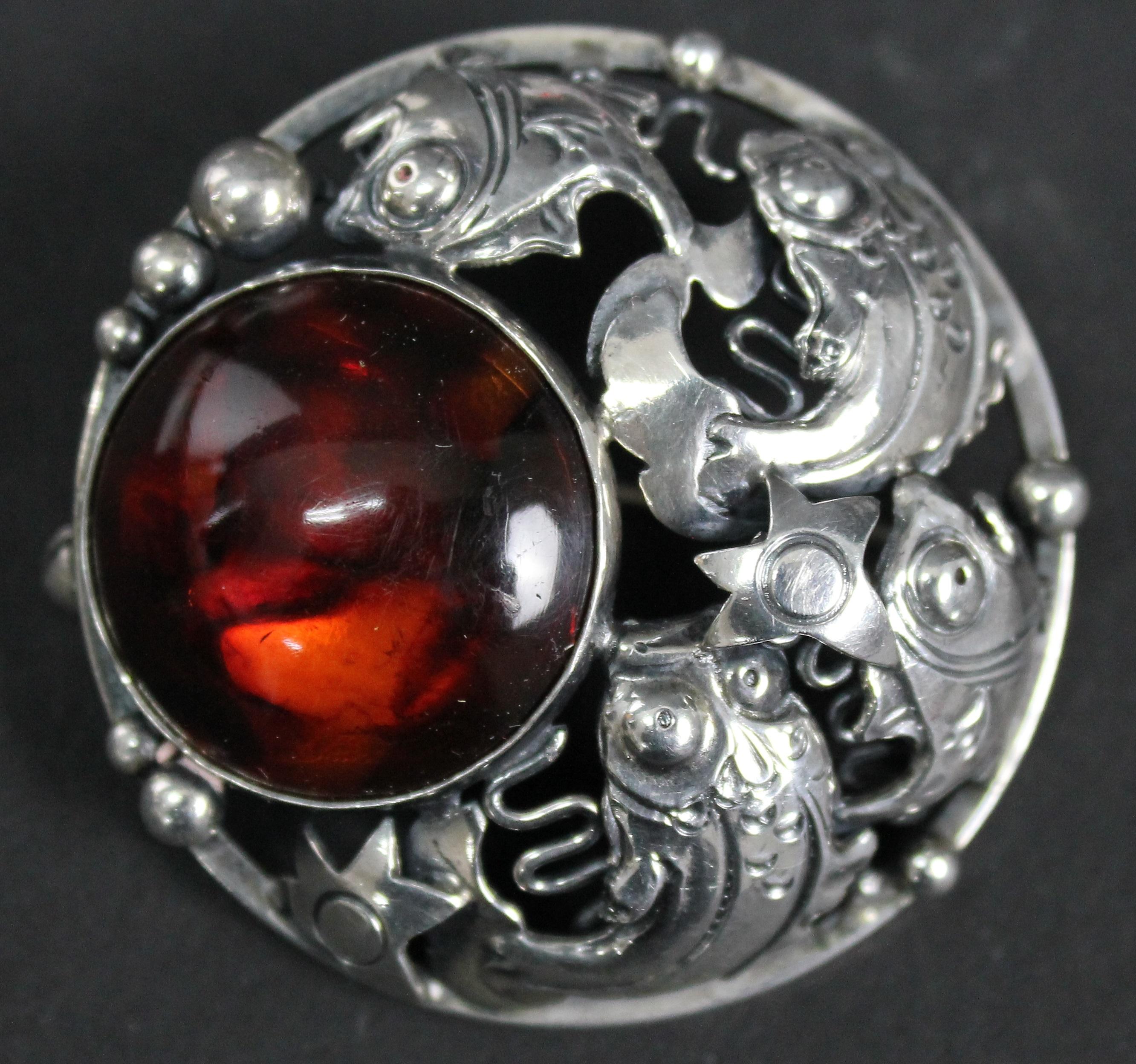 Women's or Men's Niels Erik From Danish Modernist Brooch Sterling Silver and Amber
