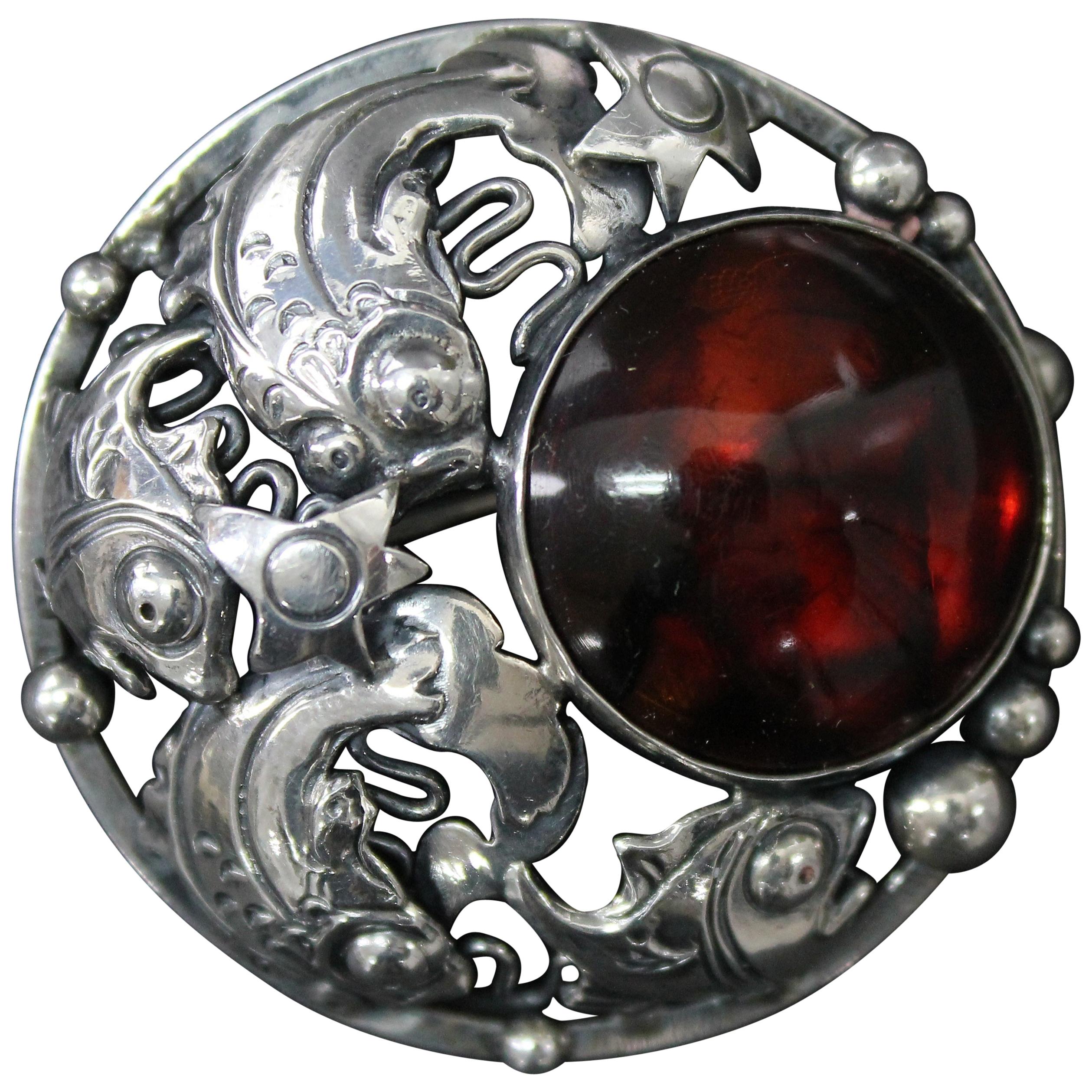 Niels Erik From Danish Modernist Brooch Sterling Silver and Amber