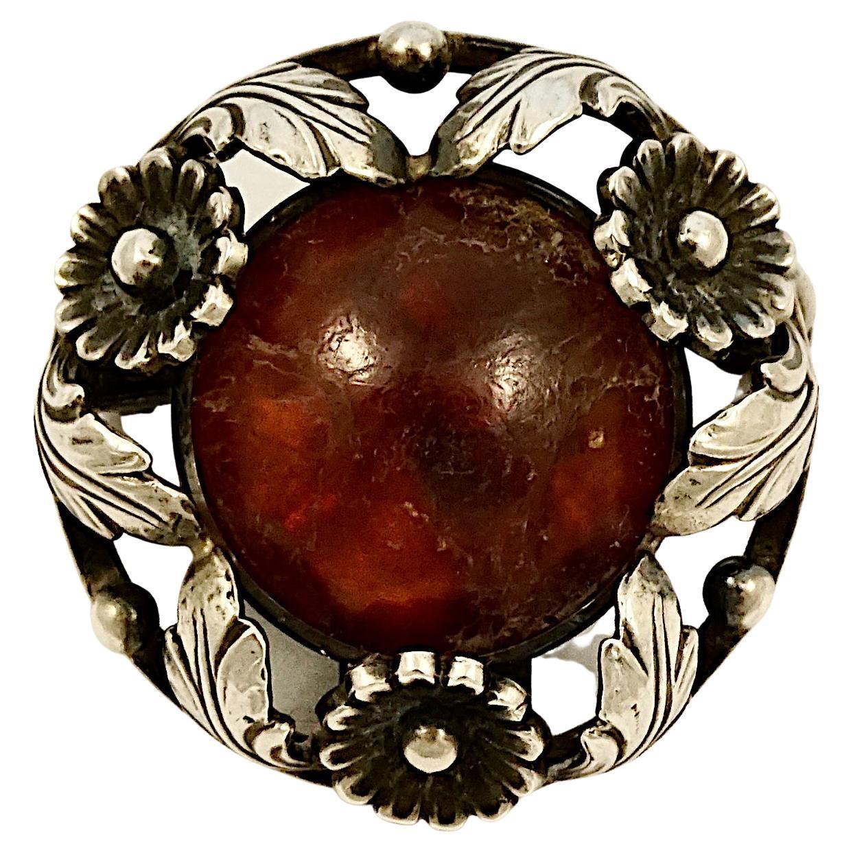 Niels Erik From Denmark Sterling Silver and Amber Flower and Leaf Brooch For Sale