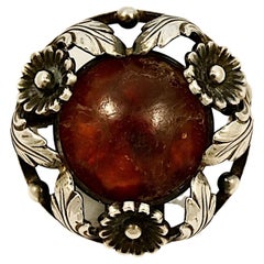 Niels Erik From Denmark Sterling Silver and Amber Flower and Leaf Brooch